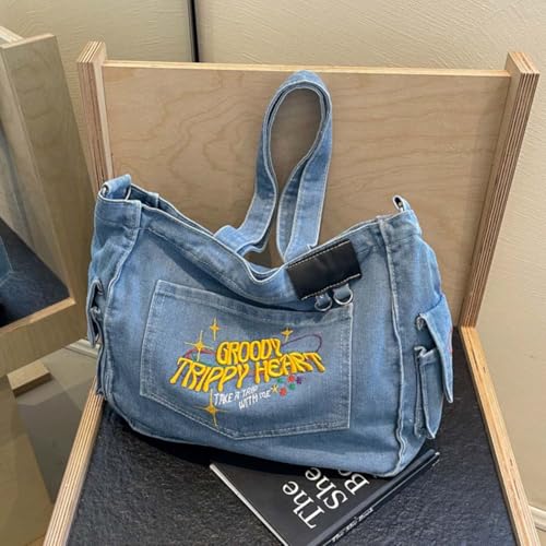 PALAY® Chic Cloth Bag for Girls Women Casual Shoulder Crossbody Tote 2 in 1 Variable Hand Fashion Letter Embroidery Denim Book for Daily School 2PCS PALAY® Chic Cloth Bag for Girls Women Casual Shoulder Crossbody Tote 2 in 1 Variable Hand Fashion Letter Embroidery Denim Book for Daily School 2PCS